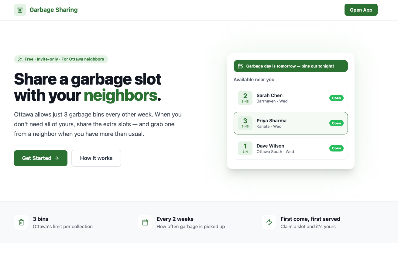 Garbage Sharing app home page — share a garbage slot with your neighbors