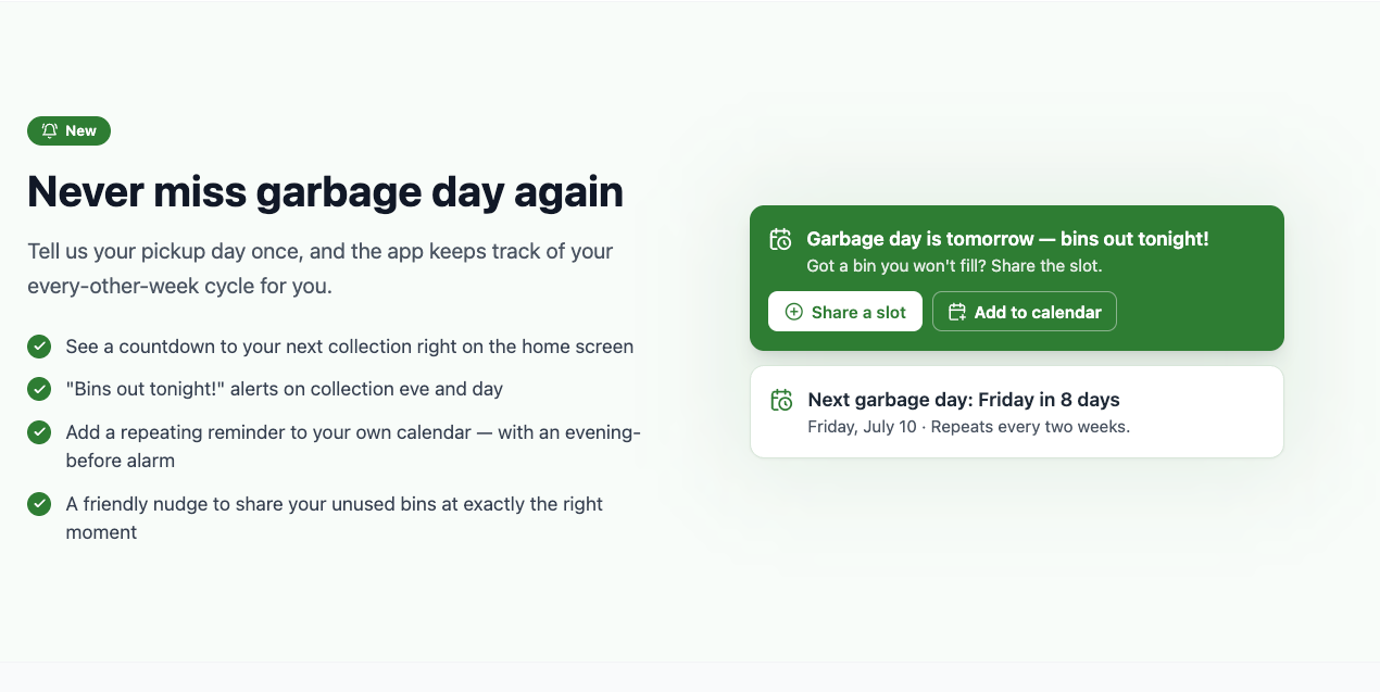 Garbage Sharing app — garbage day countdown and reminders